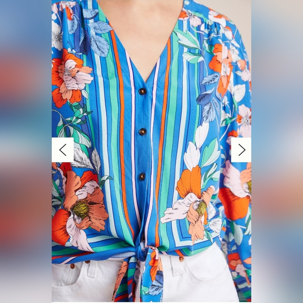 Anthropologie Blue Floral Tie-Front Blouse - Picture 3 of 16